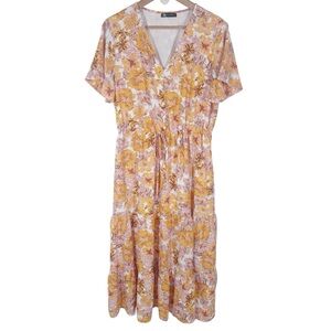 Pretty Garden Floral Yellow Midi Dress Size Large Tiered Tie Waist